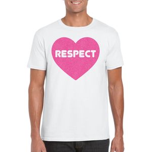 Gay Pride T-shirt voor heren - respect - wit - roze glitter hart - LHBTI - Feestshirts