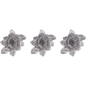 3x stuks decoratie bloemen roos zilver glitter met blad op clip 15 cm - Kunstbloemen