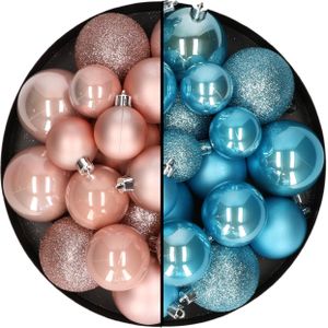 Kerstballen 60x stuks - mix lichtroze/ijsblauw - 4-5-6 cm - kunststof - Kerstbal