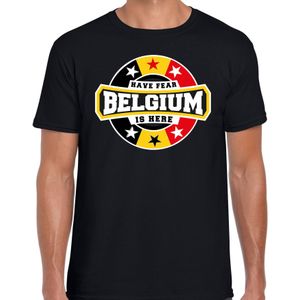 Have fear Belgium is here t-shirt voor Belgie supporters zwart voor heren - Feestshirts