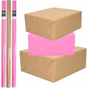 6x Rollen kraft inpakpapier/kaftpapier pakket bruin/roze 200 x 70 cm - Cadeaupapier