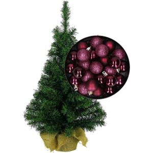 Mini kerstboom/kunst kerstboom H35 cm inclusief kerstballen aubergine paars - Kunstkerstboom