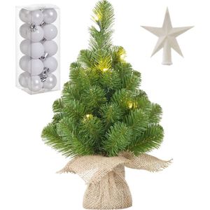 Kunst kerstboom met 10 LED lampjes 45 cm inclusief witte versiering 21-delig - Kunstkerstboom