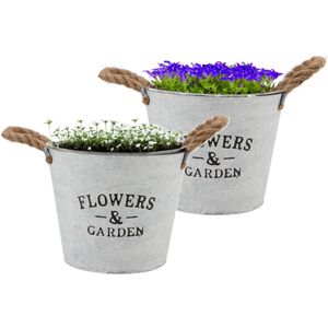 Plantenpot/bloempot emmer Jardin - 2x - rond - zink - wit - D22 x H16 cm - Plantenpotten