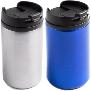 Set van 2x stuks Warmhoudbekers/warm houd bekers metallic grijs en blauw 320 ml - Thermosbeker