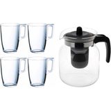 Glazen theepot zwart met filter van 1,5 liter met 8x stuks theeglazen Arcoroc van 320 ml