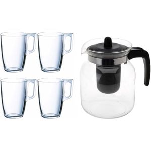 Glazen theepot zwart met filter van 1,5 liter met 8x stuks theeglazen Arcoroc van 320 ml