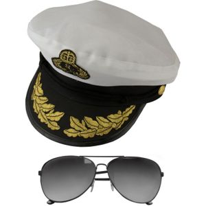 Carnaval verkleed Kapiteinpet - met spiegel zonnebril - wit - heren/dames - verkleedkleding set - Verkleedhoofddeksels