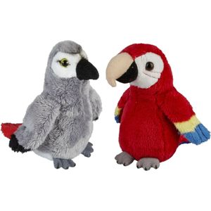 Ravensden - Papegaaien Vogels Pluche Knuffels - 2x Stuks - Rode en Grijze - 15 cm
