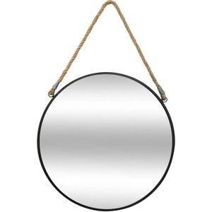 Atmosphera Spiegel/wandspiegel - rond - Dia 55 cm - metaal/glas - zwart - met ophangtouw - Spiegels