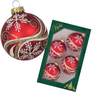 Luxe gedecoreerde kerstballen - 4x stuks - rood - 7 cm - Kerstbal