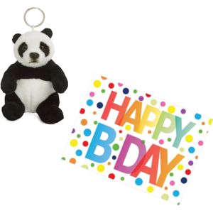 Pluche knuffel panda beer sleutelhanger 10 cm met A5-size Happy Birthday wenskaart - Knuffel sleutelhangers