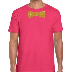 Roze fun t-shirt met vlinderdas in glitter goud heren - Feestshirts