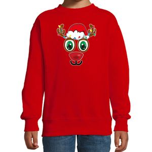 Kersttrui/sweater voor kinderen - Rudolf gezicht - rendier - rood - kerst truien kind