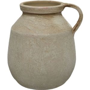 Decoris vaas kruik/fles model - terracotta - creme wit - D22 x H25 cm - vintage