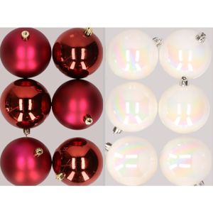 12x stuks kunststof kerstballen mix van donkerrood en parelmoer wit 8 cm - Kerstbal