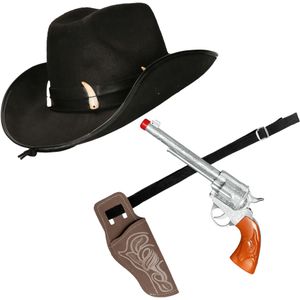 Carnaval verkleed set cowboyhoed Nevada - zwart - en holster met revolver - volwassenen - Verkleedhoofddeksels