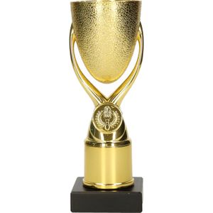 Luxe trofee/prijs beker op sierlijke poot - goud - kunststof - 18,5 x 6,8 cm - Fopartikelen