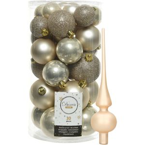 Decoris kerstballen 30x stuks - licht champagne 4/5/6 cm kunststof mat/glans/glitter mix en piek - Kerstbal