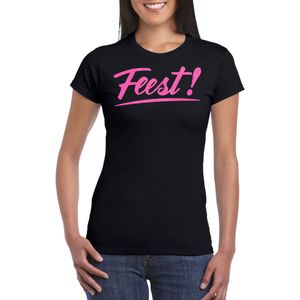 Verkleed T-shirt voor dames - feest - zwart - roze glitter - carnaval/themafeest - Feestshirts