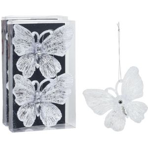 Kersthangers vlinders - 4x -transparant met wit glitter -15cm -kunststof - Kersthangers