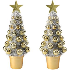 2x stuks complete mini kunst kerstboompje/kunstboompje zilver/goud met kerstballen 30 cm - Kunstkerstboom