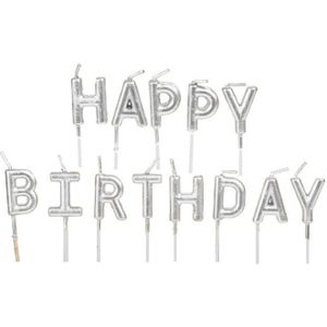 Verjaardagskaarsen set - Happy Birthday - zilver - 10 cm - Taartkaarsen