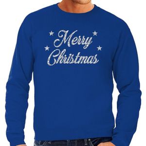 Blauwe foute kersttrui / sweater Merry Christmas zilveren letters voor heren - kerst truien