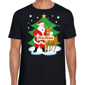 Foute Kerst t-shirt kerstman en rendier Rudolf zwart heren - kerst t-shirts