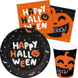 Halloween thema feest set bord/beker/servetten - 44x - pompoen BoOo print - papier - Feestbekertjes