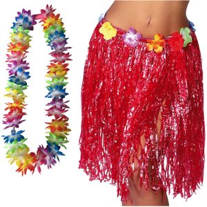 Hawaii verkleed hoela rokje en bloemenkrans met led - volwassenen - rood - tropisch themafeest - Carnavalskostuums