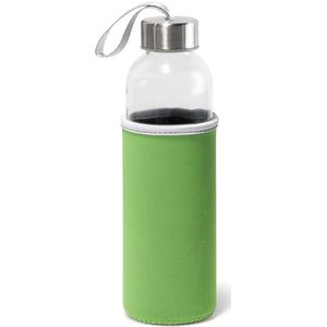 Glazen waterfles/drinkfles met groene softshell bescherm hoes 520 ml - Drinkflessen
