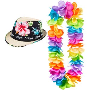 Hawaii thema party verkleedset - Trilby strohoedje - bloemenkrans kleurenmix - Tropical toppers - Verkleedhoofddeksels
