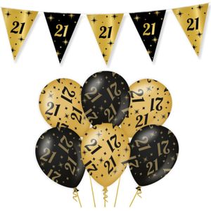 Leeftijd Verjaardag Feestartikelen Pakket Vlaggetjes/Ballonnen 21 Jaar Zwart/Goud