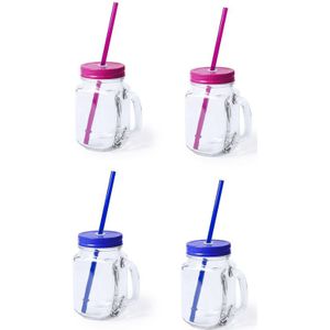 Set van 4x glazen drinkbekers dop/rietje 500 ml blauw/roze - Drinkbekers