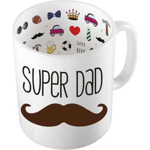 Cadeau koffie/thee mok voor papa - bruine snor - super papa - keramiek - 300 ml - Vaderdag - feest mokken