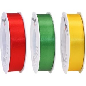 Satijn cadeau/hobby sierlinten 2,5cm x 25m- set 3x - rood/geel/groen - Cadeaulinten