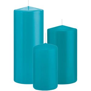 Stompkaarsen set van 3x stuks turquoise blauw 12-15-20 cm - Stompkaarsen