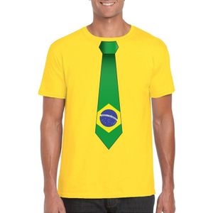 Geel t-shirt met Brazilie vlag stropdas heren - Feestshirts