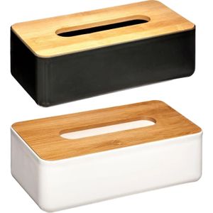 Zakdoekhouders/tissueboxen - 2x stuks - 26 x 13 cm - wit en zwart - bamboe deksel - kunststof