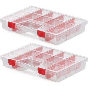 Sorteerbox/vakjes koffer - 2x - spijkers/schroeven/kleine spullen - 12-vaks - 39 x 29 x 6.5 cm - Opbergbox