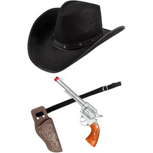 Carnaval verkleed set cowboyhoed El Paso - zwart - en holster met revolver - volwassenen - Verkleedhoofddeksels