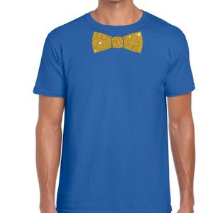 Blauw fun t-shirt met vlinderdas in glitter goud heren - Feestshirts
