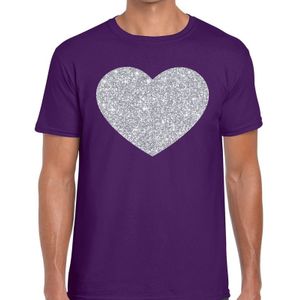 Zilver hart glitter fun t-shirt paars heren - Feestshirts