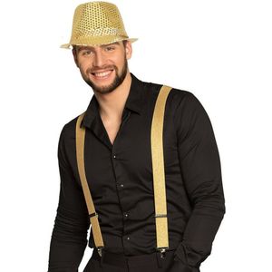 Carnaval verkleedset Partyman - glitter hoedje en bretels - goud - heren - verkleedkleding - Verkleedattributen