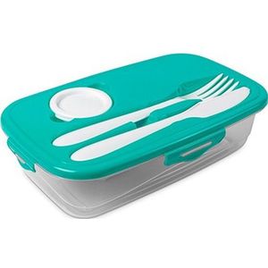 1x Lunchbox turquoise met bestek 1 liter plastic - Lunchboxen