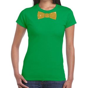 Groen fun t-shirt met vlinderdas in glitter goud dames - Feestshirts