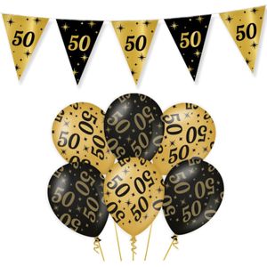 Leeftijd verjaardag feestartikelen pakket vlaggetjes/ballonnen 50 jaar zwart/goud - Feestpakketten
