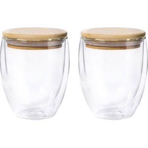 Thermische koffieglazen/theeglazen dubbelwandig - 2x - met bamboe deksel - 250 ml
