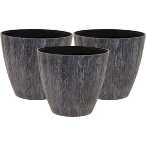 Plantenpot/bloempot - 3x - kunststof - donkergrijs - relief - buiten - D18 x H16 cm - Plantenpotten